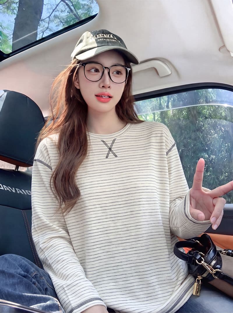 긴팔 티셔츠 기본 셔츠 여성 의류 루즈핏 트렌디 한 부서 아메리칸 스트라이프 봄 가을 새로운 라운드 넥 맨위 상세 이미지 9