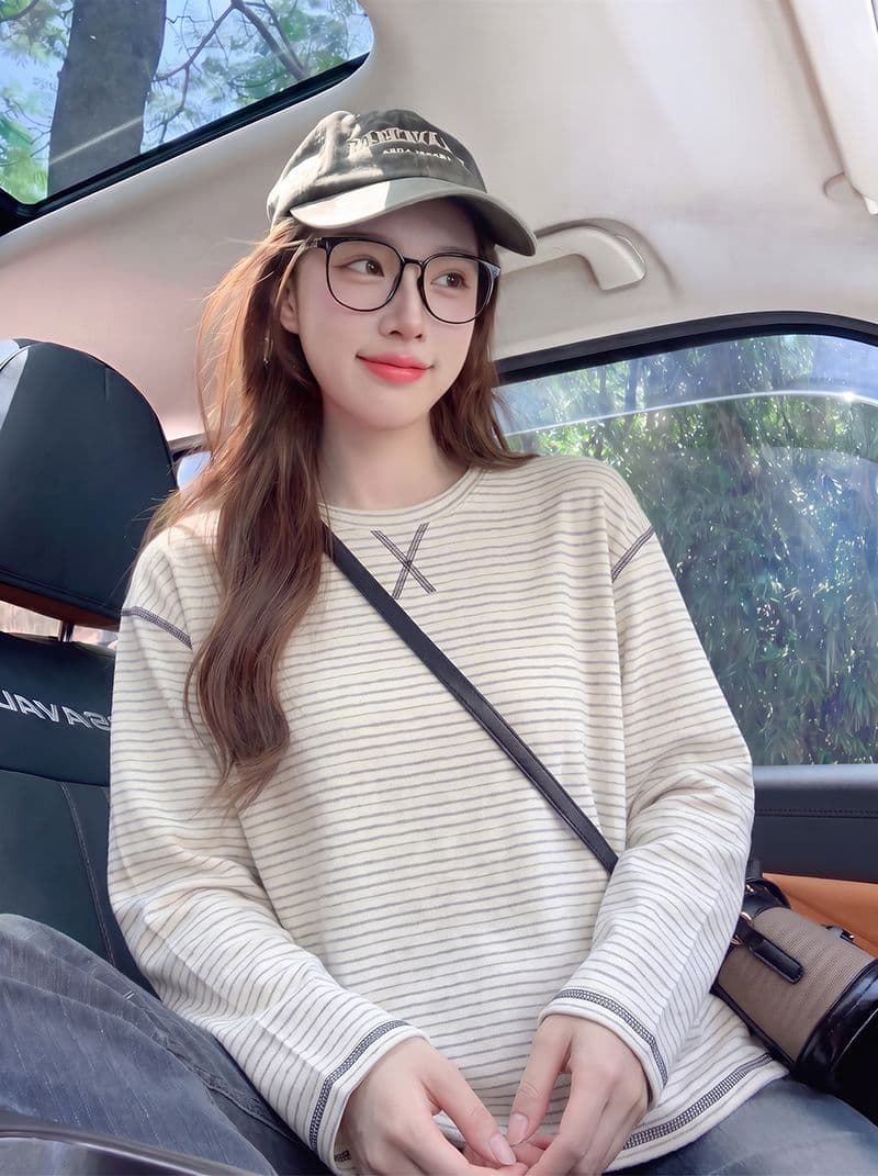 긴팔 티셔츠 기본 셔츠 여성 의류 루즈핏 트렌디 한 부서 아메리칸 스트라이프 봄 가을 새로운 라운드 넥 맨위 상세 이미지 12