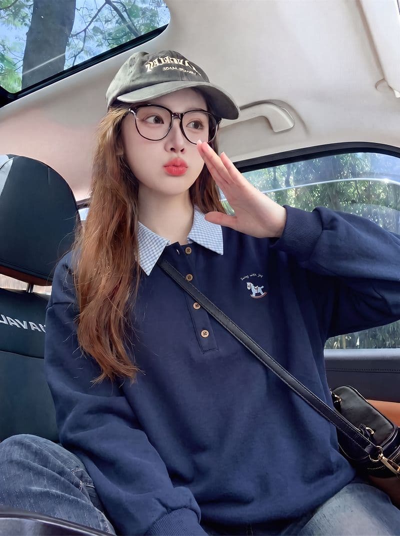 빅 사이즈 여성 의류 200 kg 얇은 스타일 후드티 여성 의류 봄 가을 새로운 자수 POLO 칼라 새로운 맨위 이미지 2
