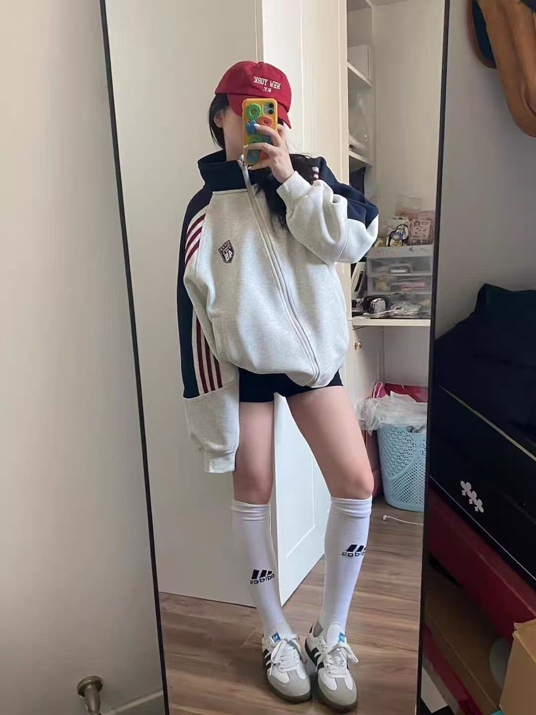 원본 원단 아메리칸 배색 스트라이프 휘장 알파벳 스탠드 칼라 여성 코트 가을 겨울 오픈 가디건 재킷 맨위 상세 이미지 1