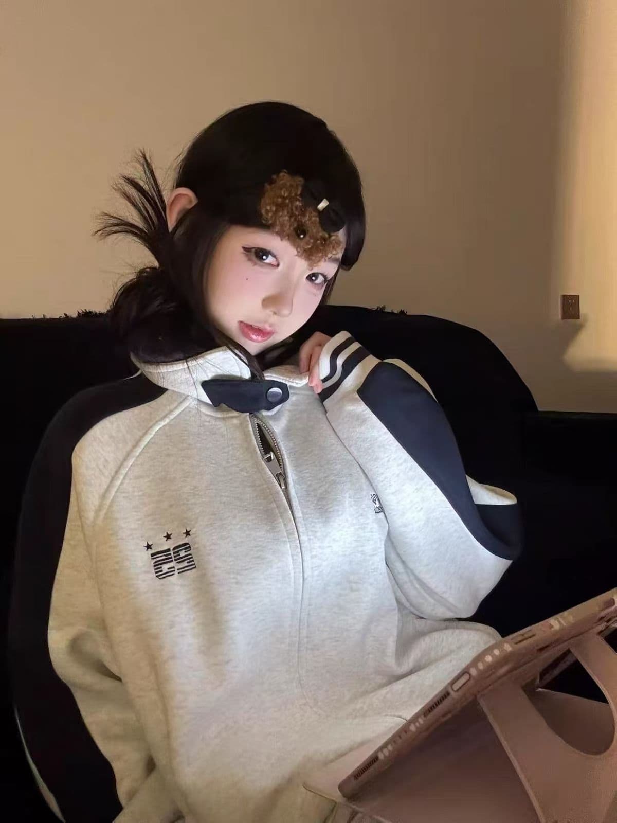 원본 원단 아메리칸 레트로 배색 삽입 어깨 소매 후드티 여성 코트 봄 가을 루즈핏 재킷 맨위 이미지 2
