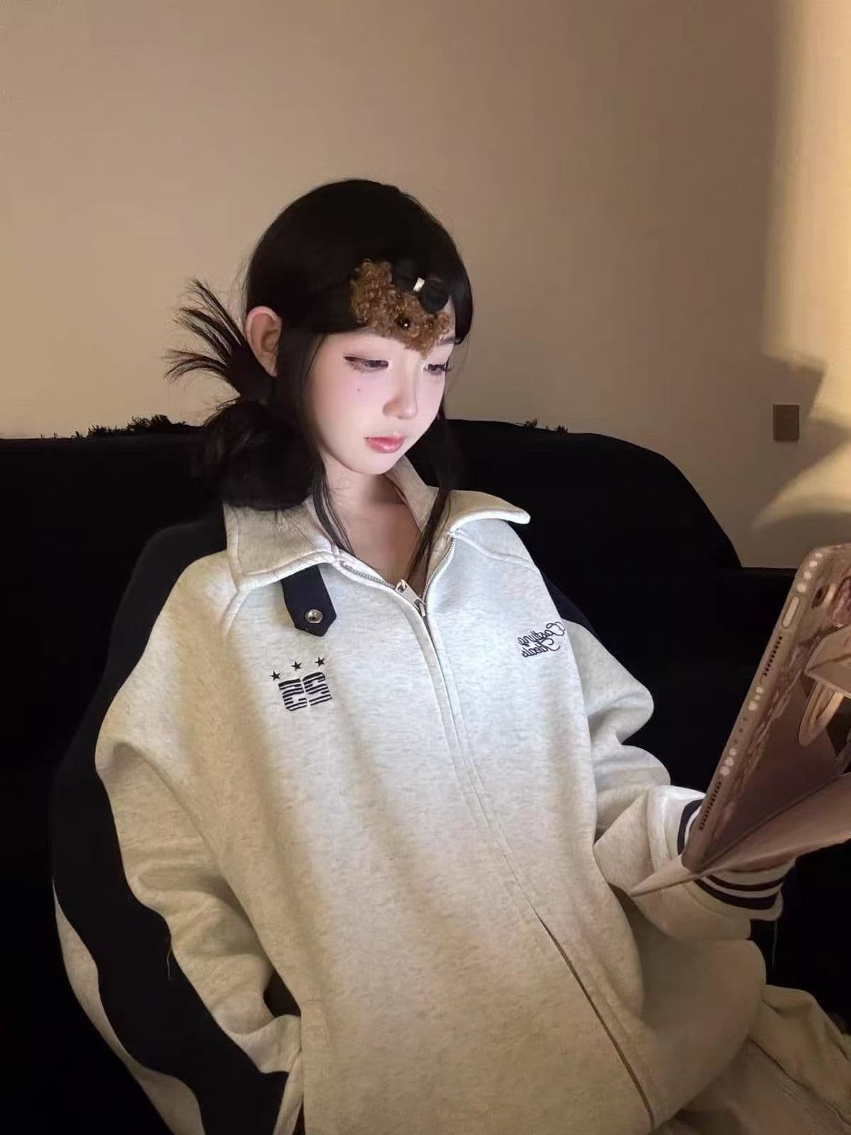 원본 원단 아메리칸 레트로 배색 삽입 어깨 소매 후드티 여성 코트 봄 가을 루즈핏 재킷 맨위 이미지 3