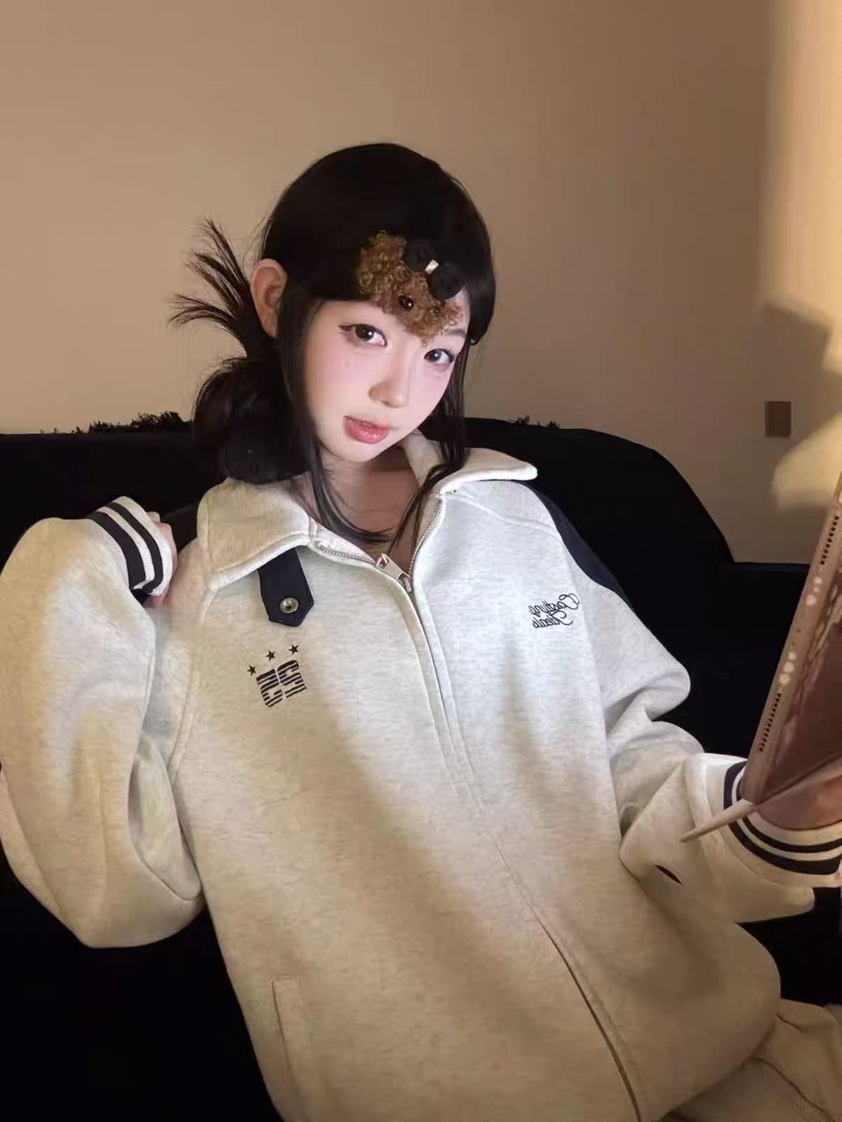 원본 원단 아메리칸 레트로 배색 삽입 어깨 소매 후드티 여성 코트 봄 가을 루즈핏 재킷 맨위 상세 이미지 1