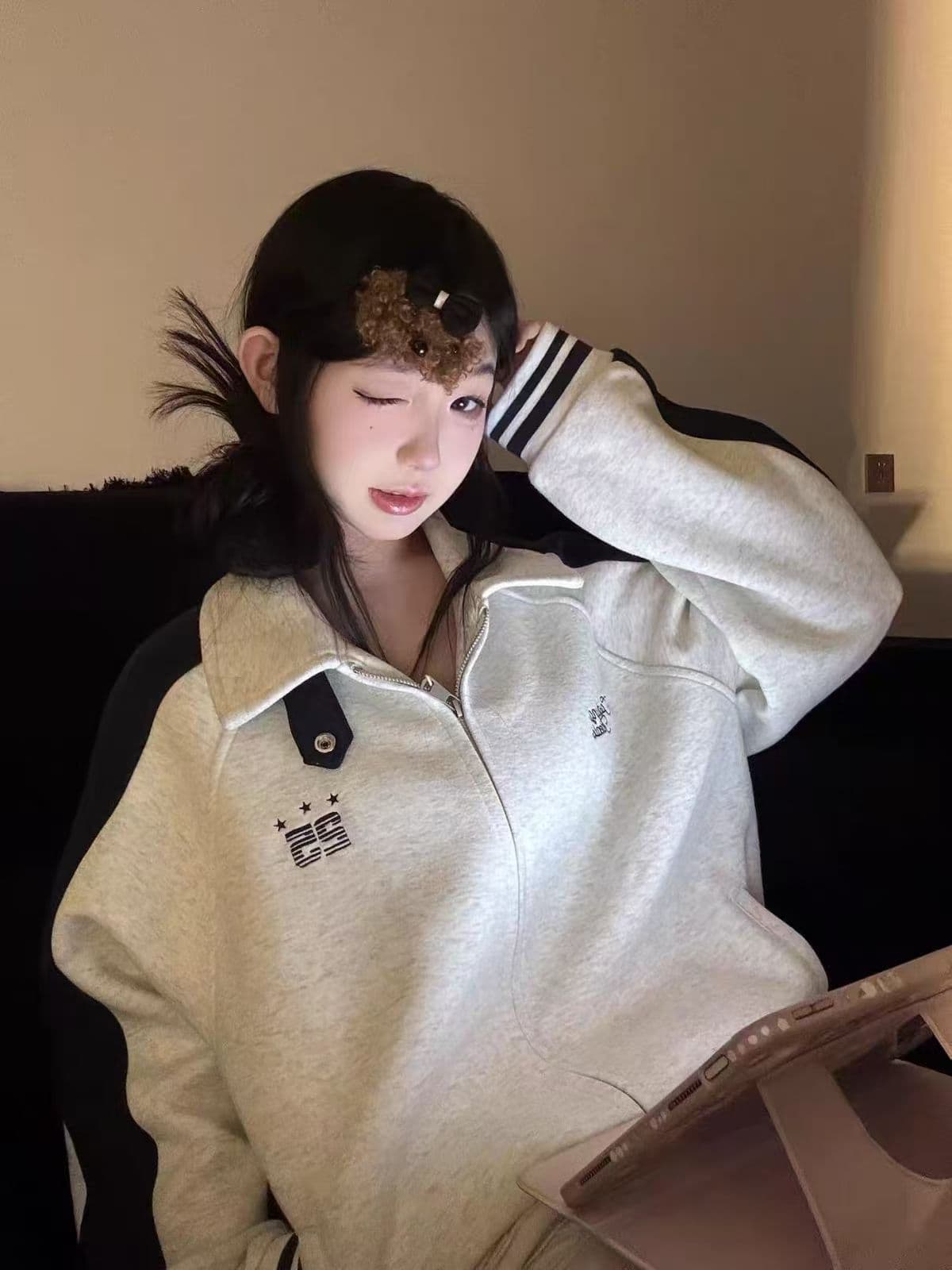 원본 원단 아메리칸 레트로 배색 삽입 어깨 소매 후드티 여성 코트 봄 가을 루즈핏 재킷 맨위 상세 이미지 4
