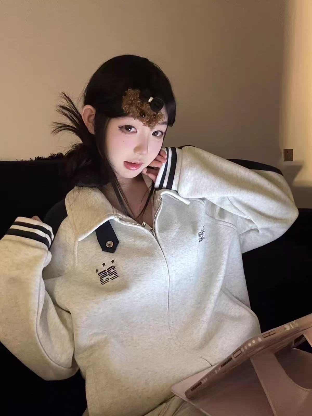 원본 원단 아메리칸 레트로 배색 삽입 어깨 소매 후드티 여성 코트 봄 가을 루즈핏 재킷 맨위 상세 이미지 5