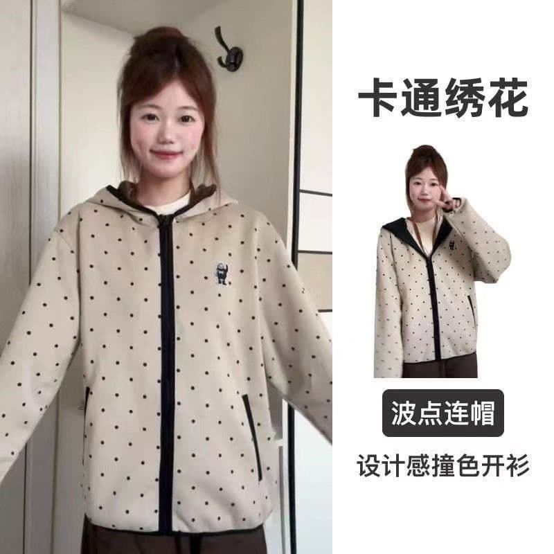 후아 면 복합 레트로 도트 무늬 자수 후드 오픈 가디건 후드티 여성 가을 겨울 새로운 루즈핏 검은 색 테두리 재킷 이미지 3