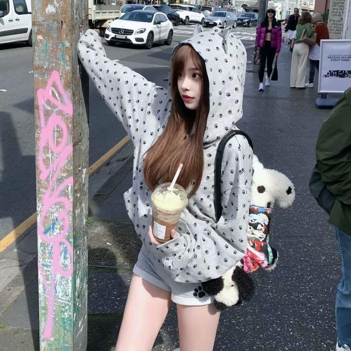 얇은 스타일 털이 있는 원본 은 분말 프린트 귀여운 새끼 고양이 귀 후드 오픈 가디건 후드티 여성 봄 가을 재킷 이미지 3