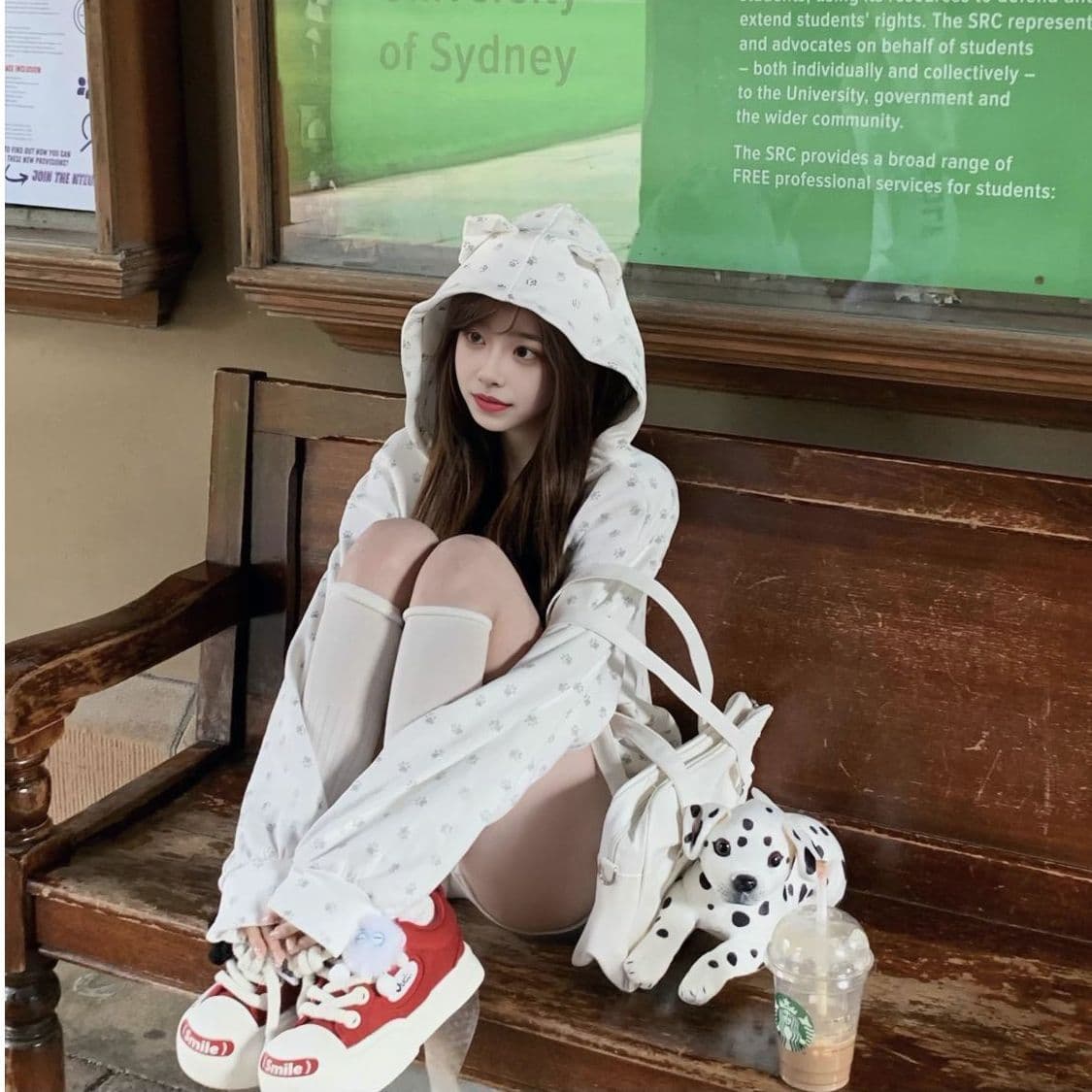 얇은 스타일 털이 있는 원본 은 분말 프린트 귀여운 새끼 고양이 귀 후드 오픈 가디건 후드티 여성 봄 가을 재킷 이미지 2