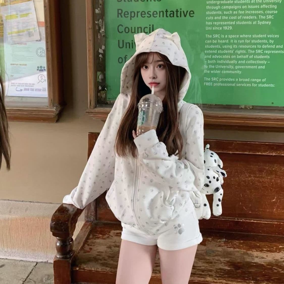 얇은 스타일 털이 있는 원본 은 분말 프린트 귀여운 새끼 고양이 귀 후드 오픈 가디건 후드티 여성 봄 가을 재킷 상세 이미지 3