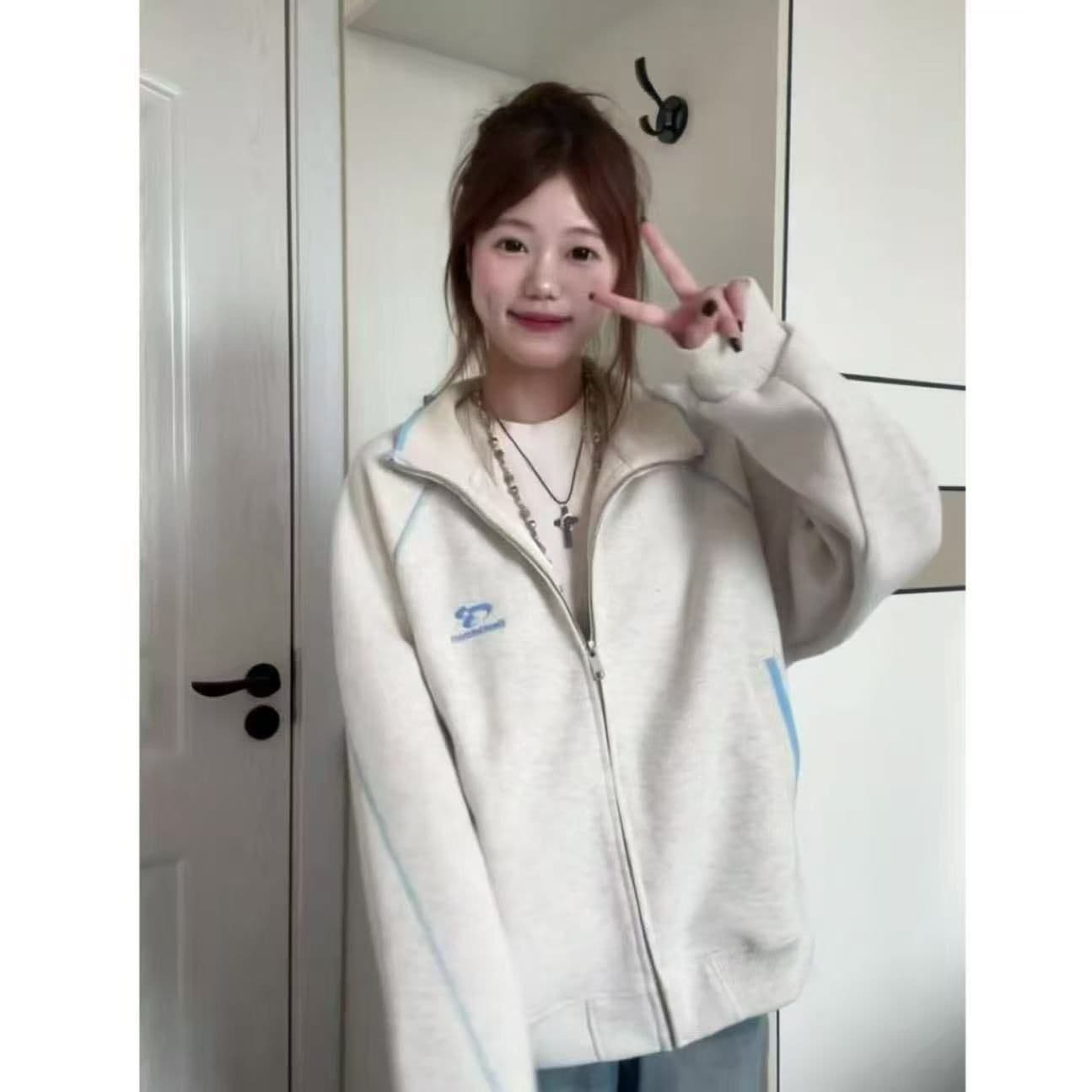 아메리칸 높음 거리 가을 겨울철 달콤함 명시적 스티치 패치워크 배색 스탠드 칼라 후드티 여성 슈퍼 화재 루즈핏 자수 카디건 코트 상세 이미지 3