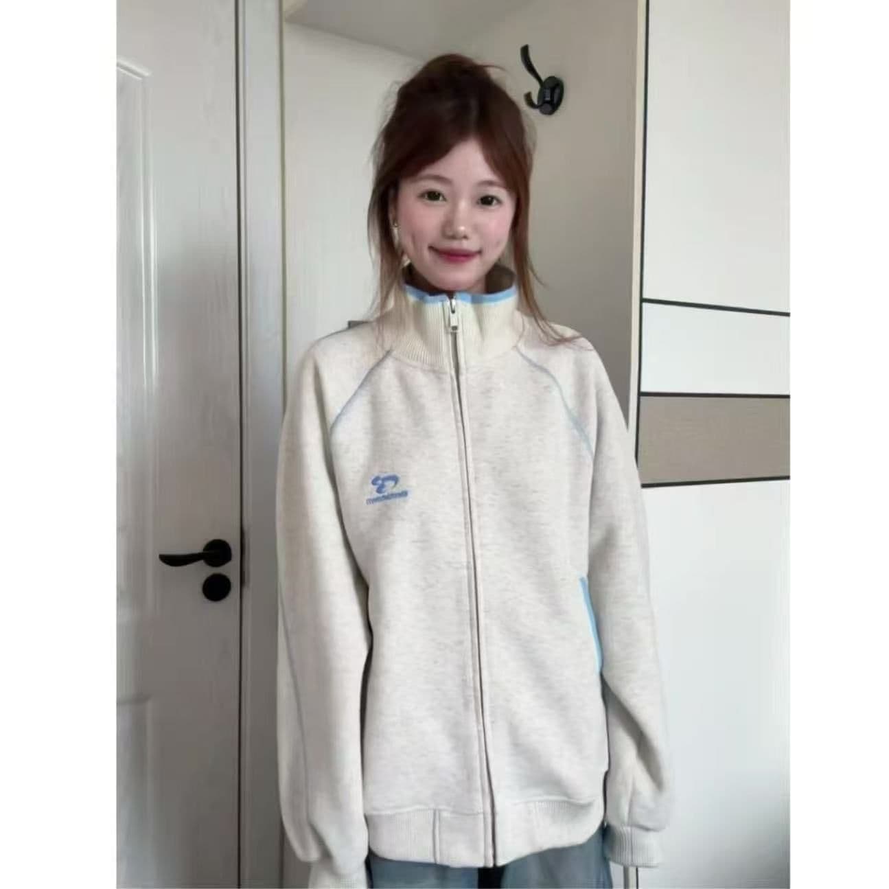 아메리칸 높음 거리 가을 겨울철 달콤함 명시적 스티치 패치워크 배색 스탠드 칼라 후드티 여성 슈퍼 화재 루즈핏 자수 카디건 코트 상세 이미지 4