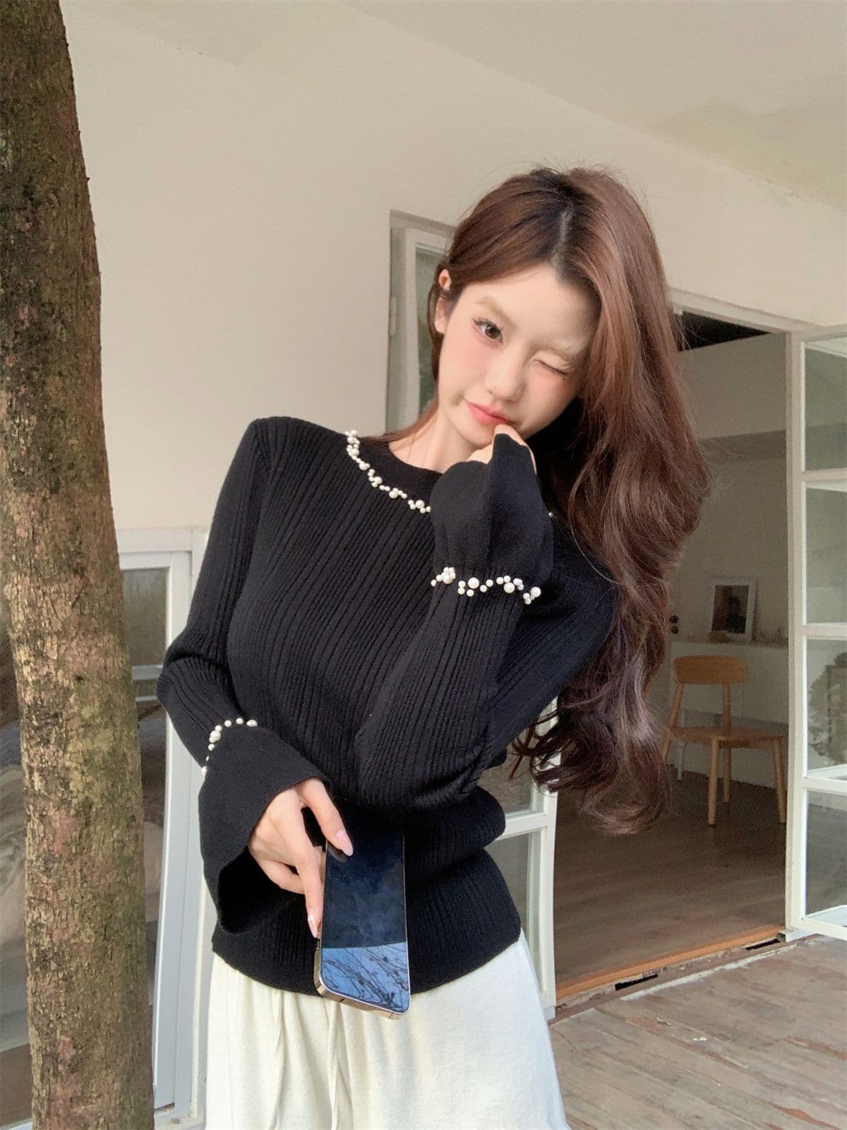 아름다운 비즈 박기 고급 기본 셔츠 여성 가을 겨울 프랑스식 나팔 소매 니트 스웨터 인사이드 가져 가라. 몸매 가꾸기 스웨터 외국 가스 맨위 상세 이미지 13