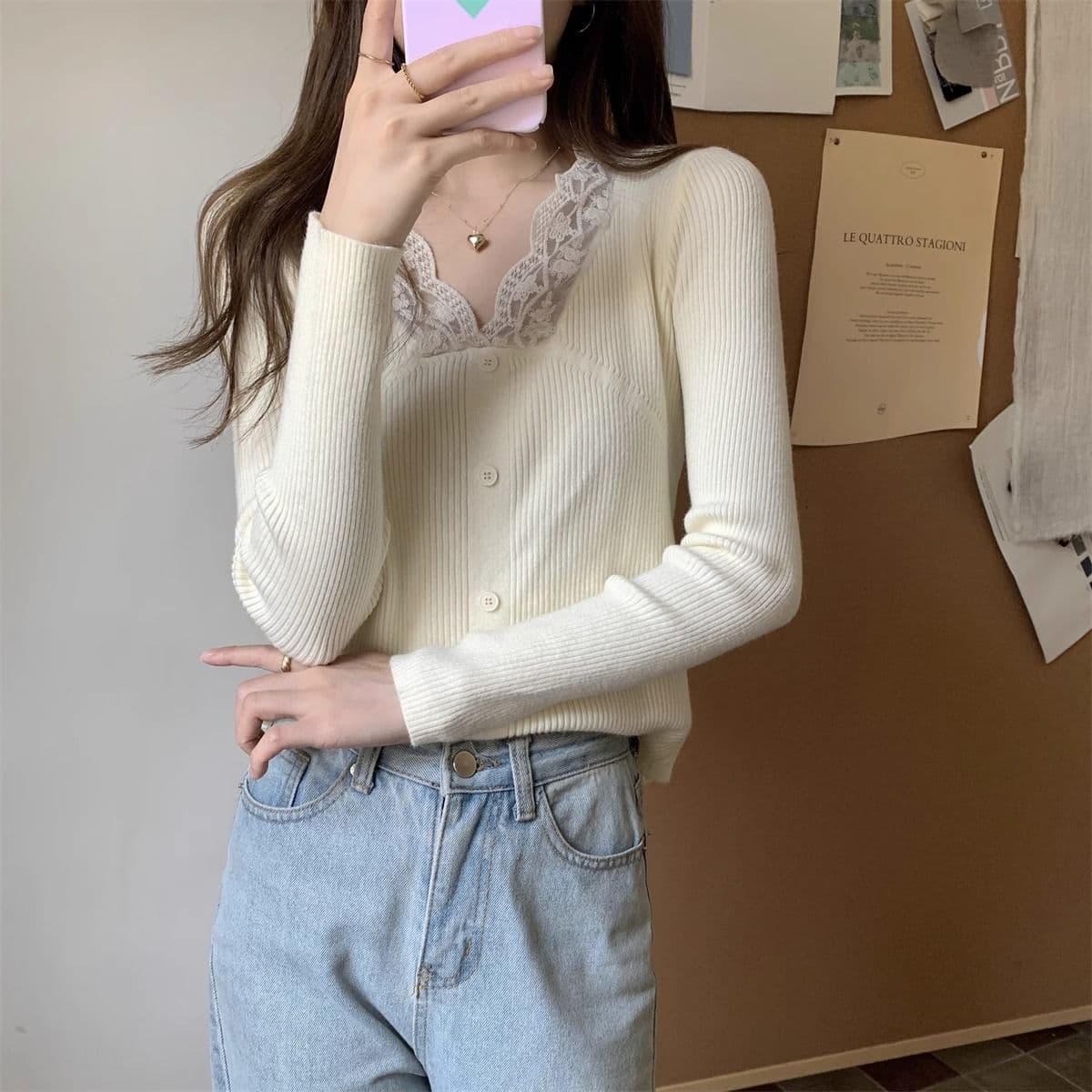 작은 대중 패치워크 레이스 측면 V넥 니트 스웨터 스웨터 여자 가을 몸매 가꾸기 슬림해 보이는 기본 셔츠 인사이드 가져 가라. Chic 맨위 상세 이미지 16