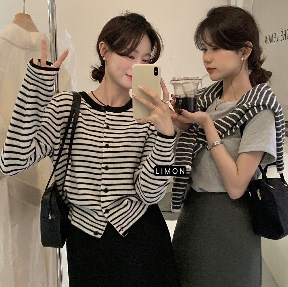 한 부서 고급 센스 흑백 줄무늬 니트 오픈 가디건 여성 봄 가을 카디건 인사이드 가져 가라. 만나는 긍정적 인 어깨 허리 수축 짧은 맨위 이미지 2