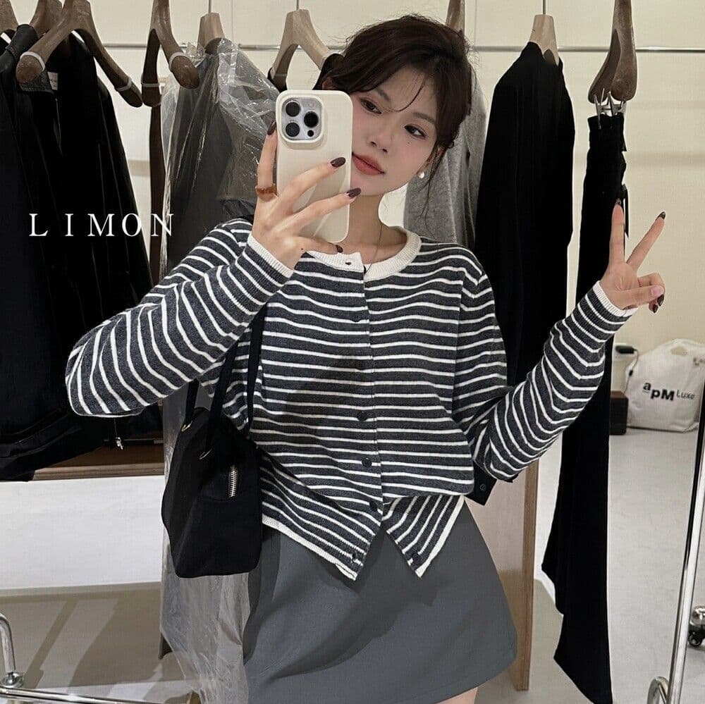 한 부서 고급 센스 흑백 줄무늬 니트 오픈 가디건 여성 봄 가을 카디건 인사이드 가져 가라. 만나는 긍정적 인 어깨 허리 수축 짧은 맨위 이미지 4