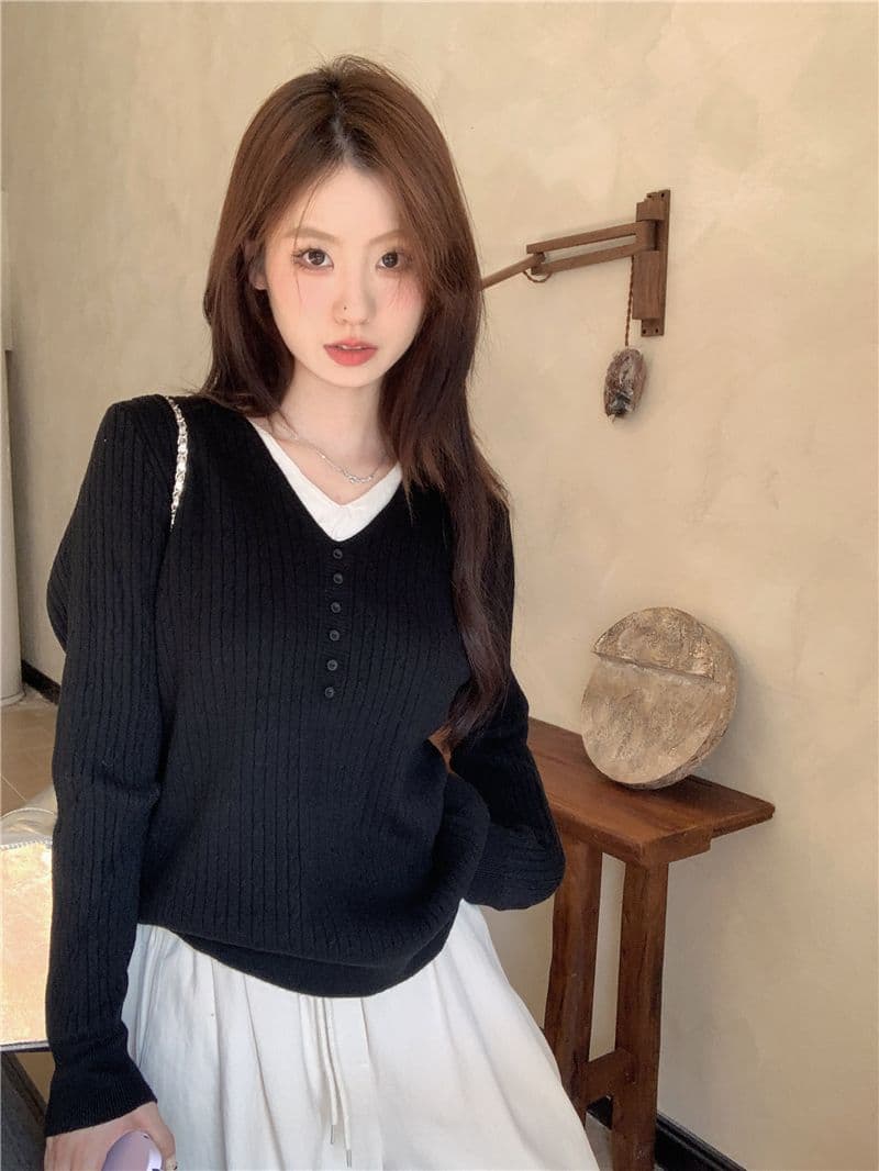 가을 겨울철 2026 새로운 페이크 레이어드 인사이드 가져 가라. 예쁜 스웨터 외출용 여성 작은 샤넬 스타일 니트 스웨터 살구 색상 맨위 상세 이미지 10