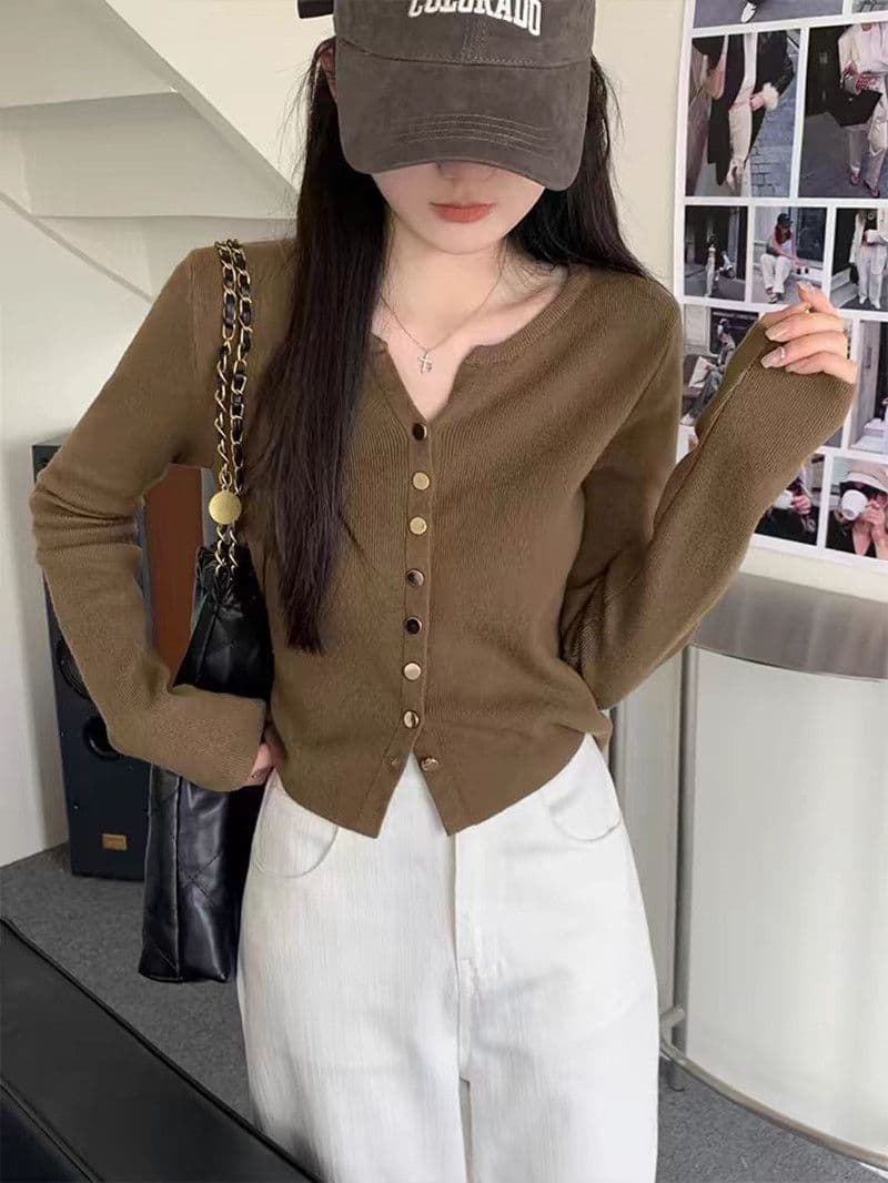 단추 작은 V넥 오픈 가디건 여성 가을 겨울 한국 스타일 패션 니트 스웨터 여자 외부 가져 가라. 느긋한 바람 가을 겨울 다용도 맨위 이미지 4