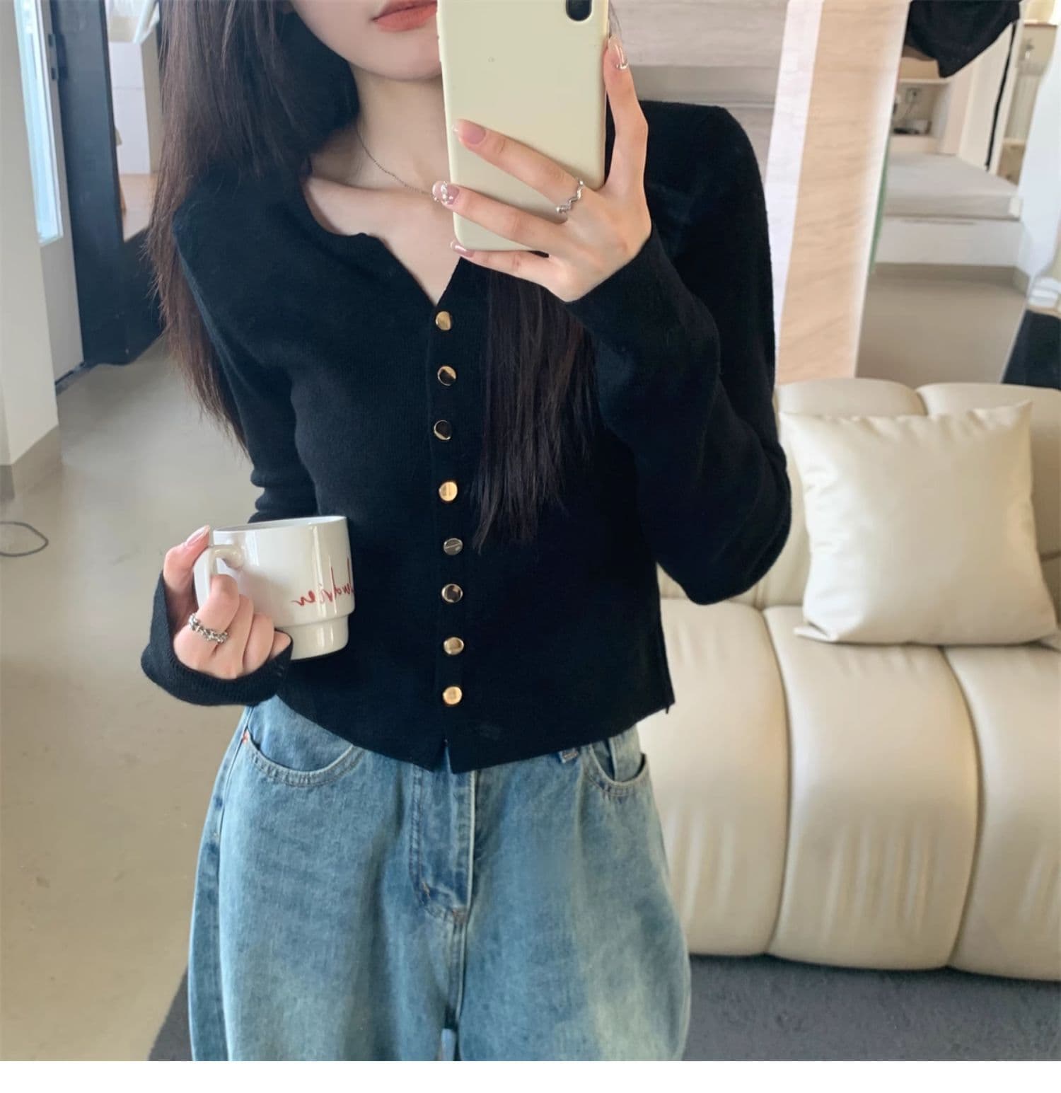 단추 작은 V넥 오픈 가디건 여성 가을 겨울 한국 스타일 패션 니트 스웨터 여자 외부 가져 가라. 느긋한 바람 가을 겨울 다용도 맨위 상세 이미지 10