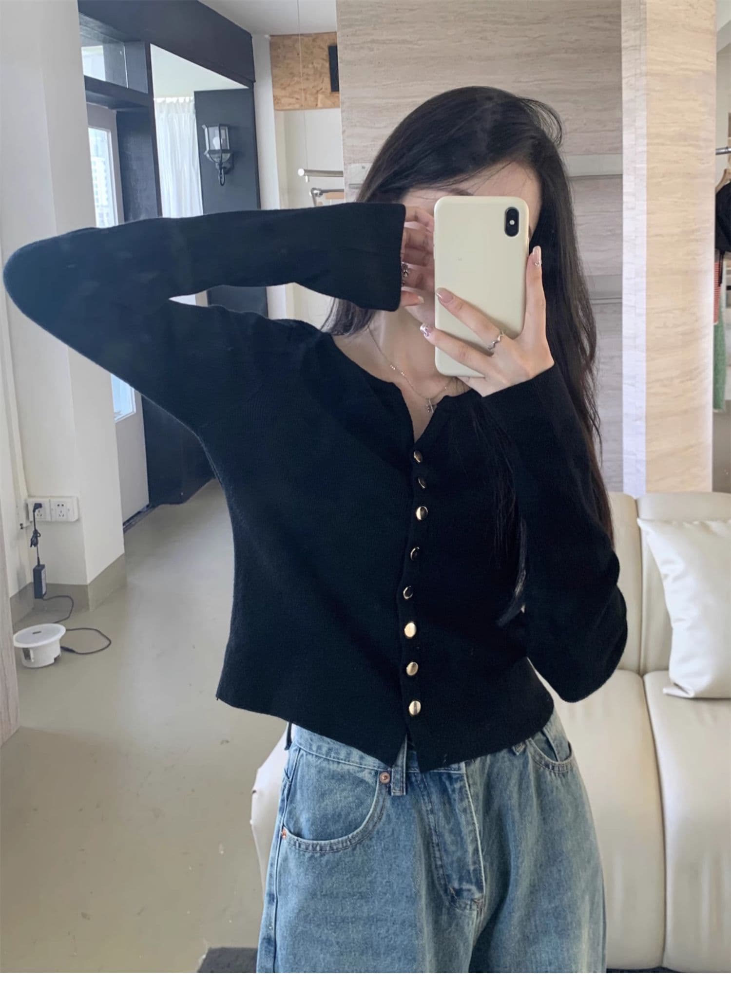 단추 작은 V넥 오픈 가디건 여성 가을 겨울 한국 스타일 패션 니트 스웨터 여자 외부 가져 가라. 느긋한 바람 가을 겨울 다용도 맨위 상세 이미지 11