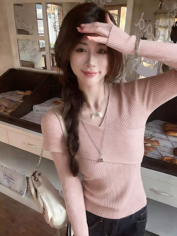 한 부서 핑크색 십자가 V넥 니트 스웨터 여성 봄 착용 가져 가라. 부드러운 몸매 가꾸기 슬림해 보이는 스웨터 만나는 인사이드 잡아라. 의류 상세 이미지 3