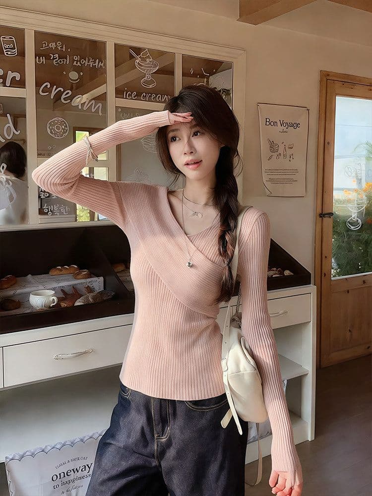 한 부서 핑크색 십자가 V넥 니트 스웨터 여성 봄 착용 가져 가라. 부드러운 몸매 가꾸기 슬림해 보이는 스웨터 만나는 인사이드 잡아라. 의류 상세 이미지 5