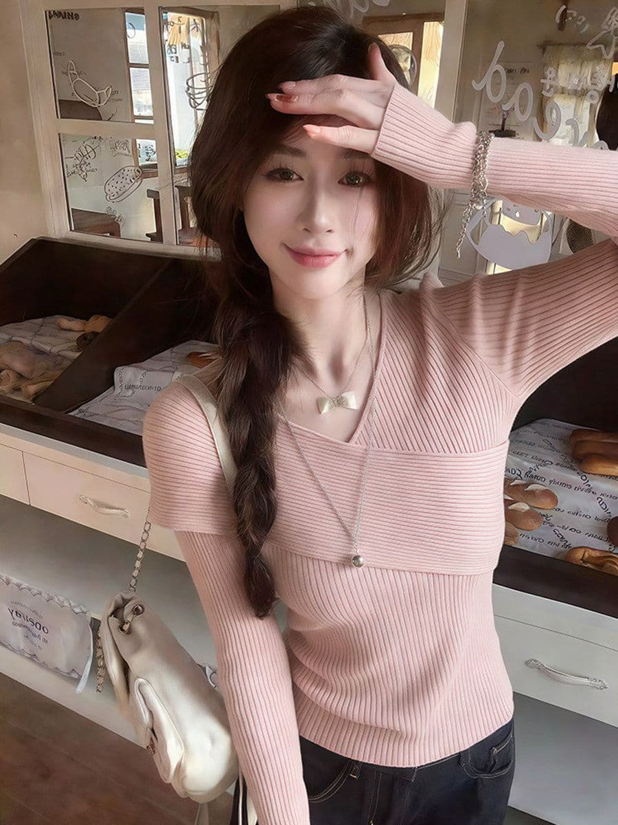 한 부서 핑크색 십자가 V넥 니트 스웨터 여성 봄 착용 가져 가라. 부드러운 몸매 가꾸기 슬림해 보이는 스웨터 만나는 인사이드 잡아라. 의류 상세 이미지 8