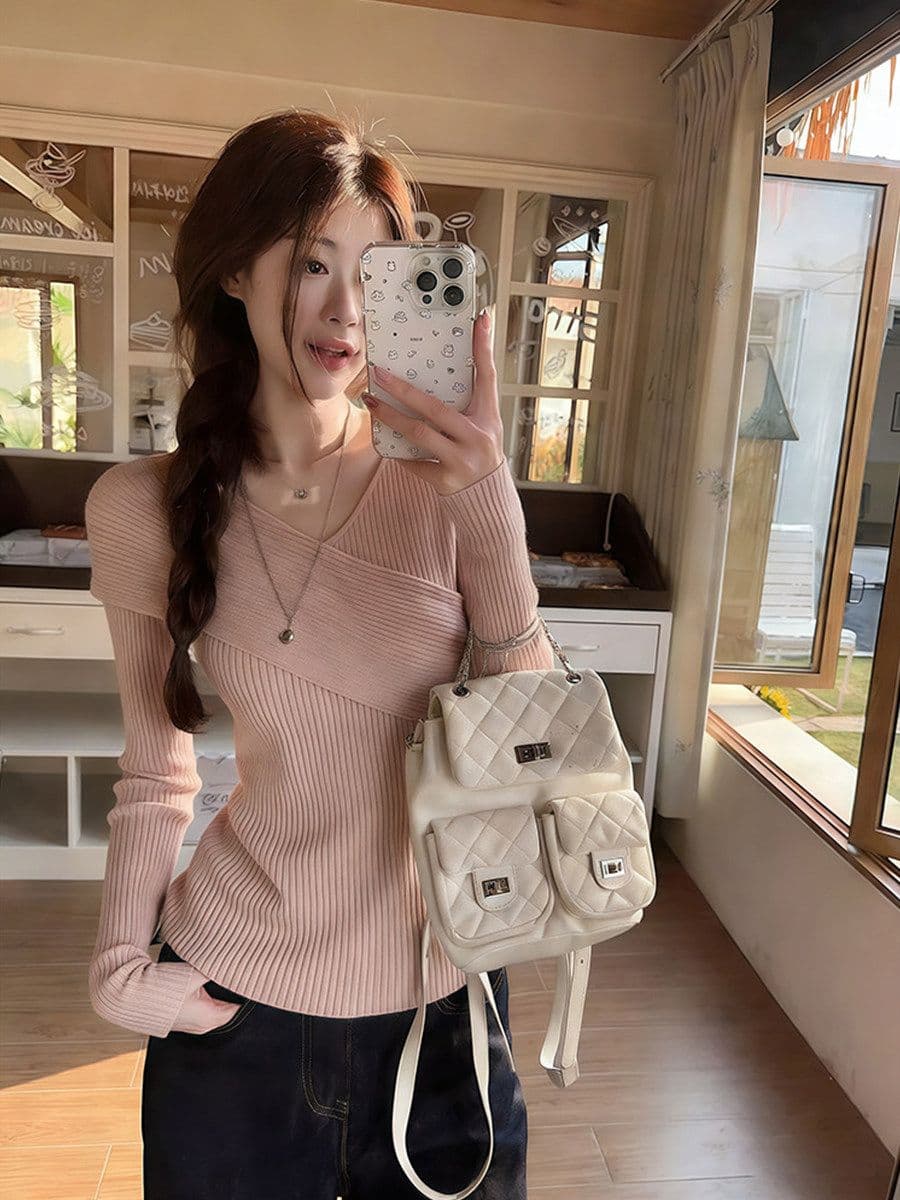 한 부서 핑크색 십자가 V넥 니트 스웨터 여성 봄 착용 가져 가라. 부드러운 몸매 가꾸기 슬림해 보이는 스웨터 만나는 인사이드 잡아라. 의류 상세 이미지 9
