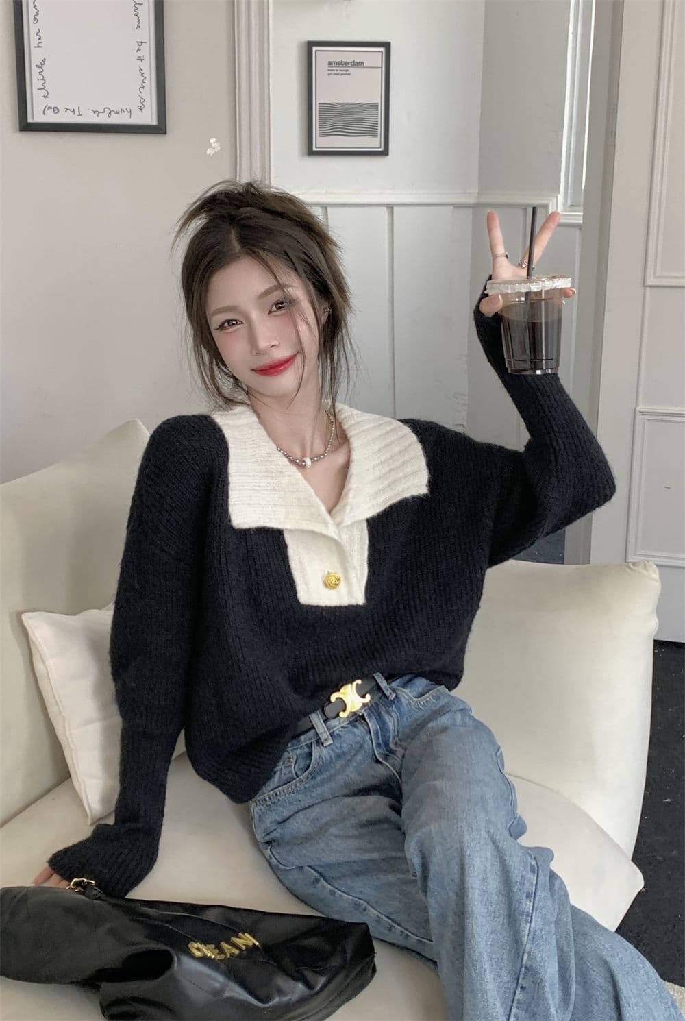 가을 겨울 새로운 프랑스식 배색 폴로 칼라 금속 버클 스웨터 여자 느긋한 바람 풀오버 루즈핏 니트 스웨터 다용도 맨위 이미지 4