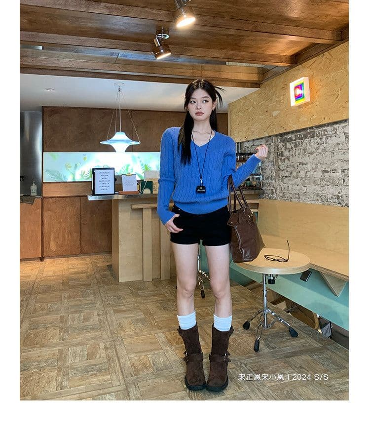 살구 색상 V넥 스웨터 여자 2026 가을 꽈배기 두꺼운 루즈핏 인사이드 가져 가라. 느긋한 바람 니트 스웨터 맨위 상세 이미지 27