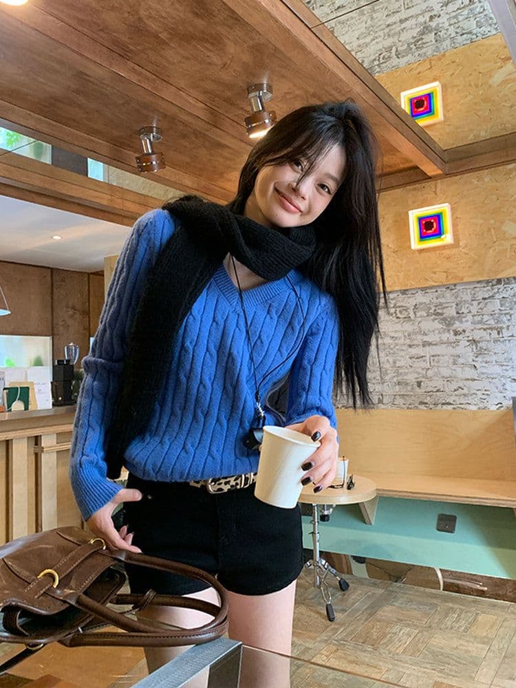 살구 색상 V넥 스웨터 여자 2026 가을 꽈배기 두꺼운 루즈핏 인사이드 가져 가라. 느긋한 바람 니트 스웨터 맨위 상세 이미지 37