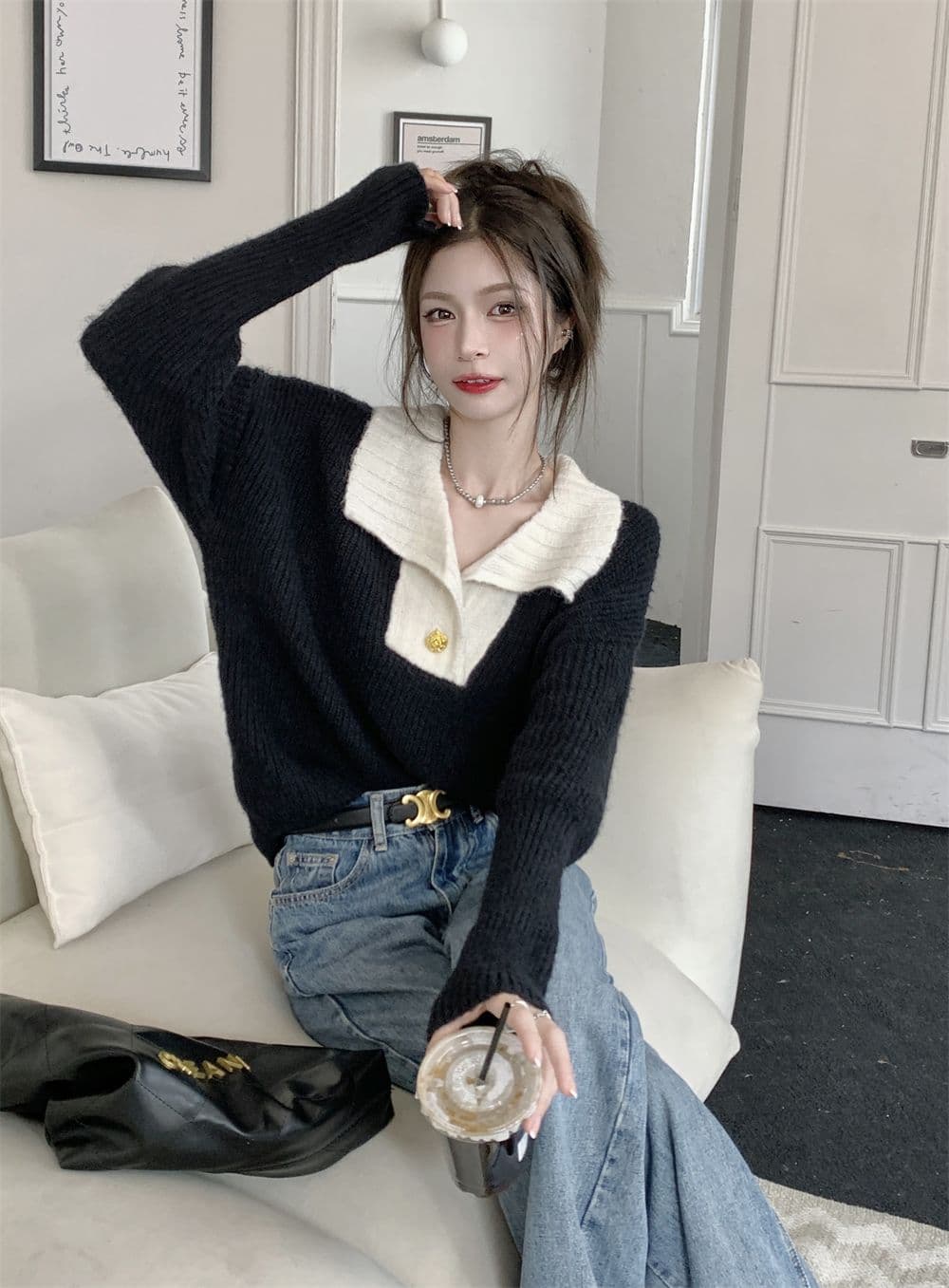 가을 겨울 새로운 프랑스식 배색 폴로 칼라 금속 버클 스웨터 여자 느긋한 바람 풀오버 루즈핏 니트 스웨터 다용도 맨위 상세 이미지 12