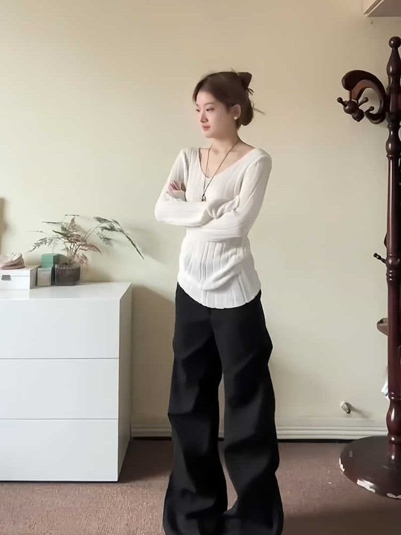 순수한 욕망 V넥 스웨터 니트 기본 셔츠 여성 가을 겨울철 인사이드 가져 가라. 느긋한 바람 몸매 가꾸기 허리 수축 핫걸 긴팔 맨위 이미지 3