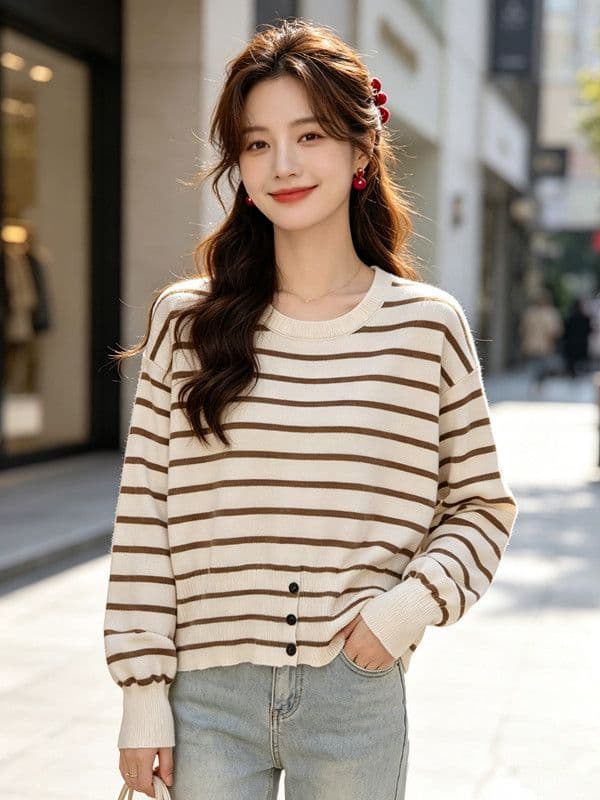 스트라이프 라운드 넥 니트 스웨터 여성 2026 섹션 가을 겨울 새로운 쇼트 스타일 몸매 가꾸기 슬림해 보이는 출퇴근 바람 연령 감소 외국 가스 맨위 상세 이미지 4