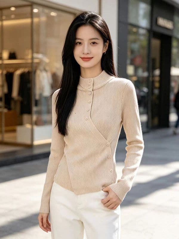 불규칙 반하이넥 허리 수축 니트 스웨터 여성 2026 년 새로운 가을 겨울철 몸매 가꾸기 슬림해 보이는 디자인 센스 맨위 서비스 상세 이미지 6