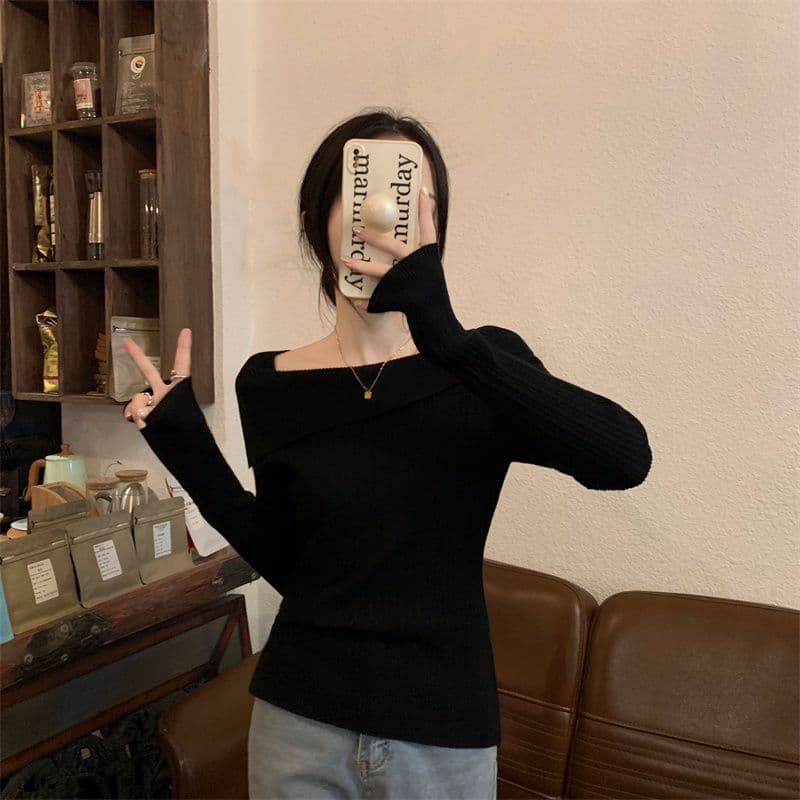 오프숄더 니트 기본 셔츠 여성 봄 가을 겨울 불규칙 인사이드 가져 가라. 프랑스식 하이웨이스트 긍정적 인 어깨 쇄골 긴팔 맨위 상세 이미지 14