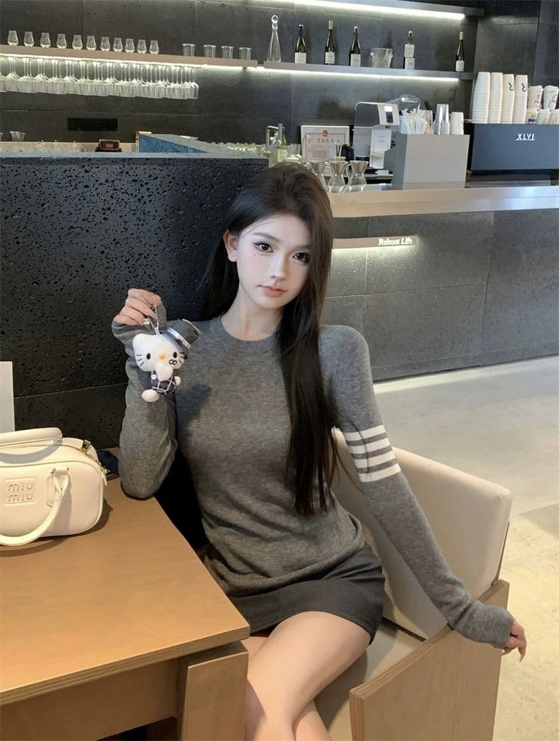 회색 라운드 넥 풀오버 얇은 만나는 니트 스웨터 여성 가을 겨울 디자인 센스 한 부서 chic Chic 인사이드 가져 가라. 스웨터 맨위 이미지 4