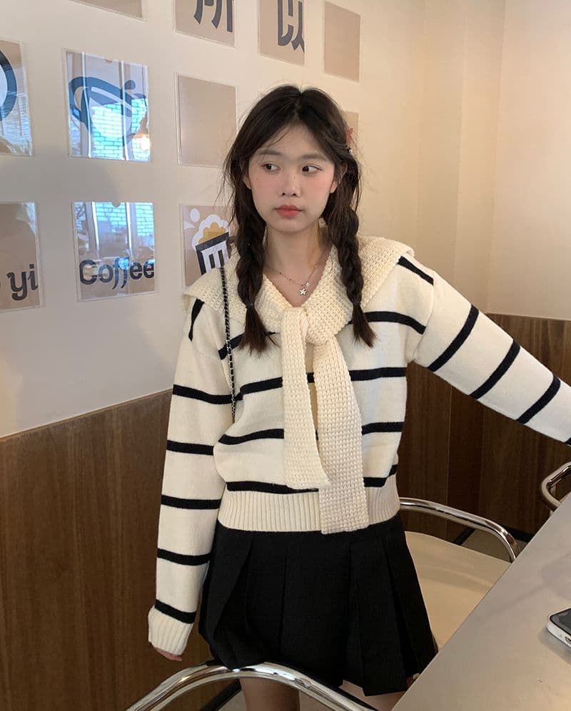 페이크 레이어드 스트라이프 한 부서 가을 겨울 새로운 외부 가져 가라. 니트 스웨터 스웨터 디자인 센스 연령 감소 학원 스타일 패션 숄