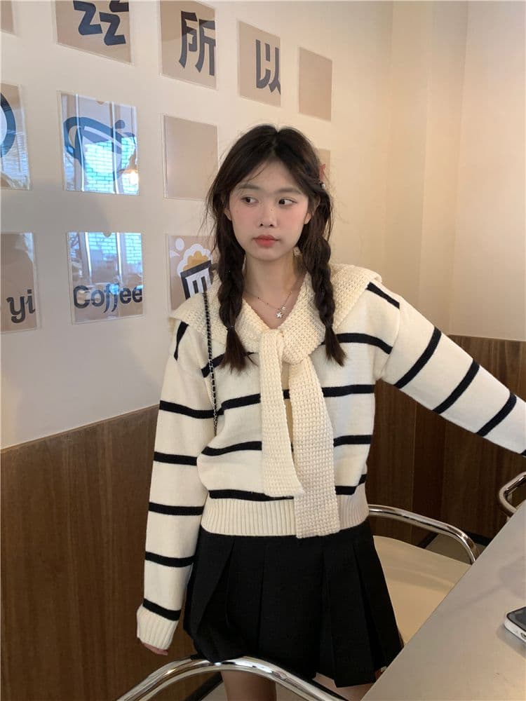 페이크 레이어드 스트라이프 한 부서 가을 겨울 새로운 외부 가져 가라. 니트 스웨터 스웨터 디자인 센스 연령 감소 학원 스타일 패션 숄 상세 이미지 3