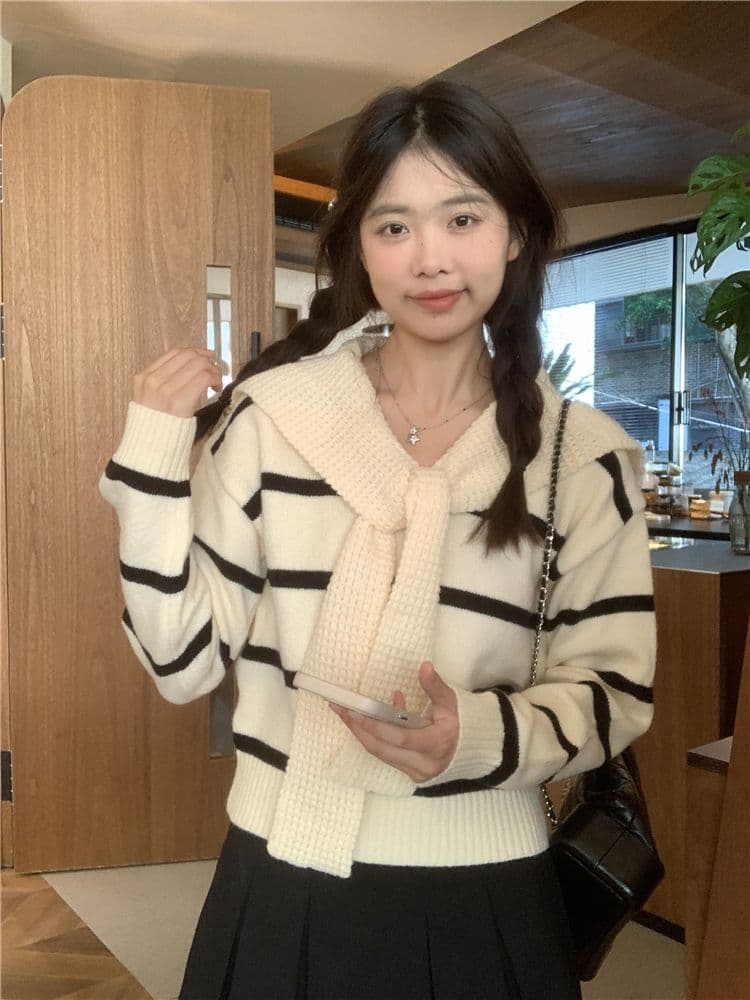 페이크 레이어드 스트라이프 한 부서 가을 겨울 새로운 외부 가져 가라. 니트 스웨터 스웨터 디자인 센스 연령 감소 학원 스타일 패션 숄 상세 이미지 5
