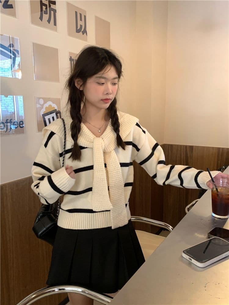 페이크 레이어드 스트라이프 한 부서 가을 겨울 새로운 외부 가져 가라. 니트 스웨터 스웨터 디자인 센스 연령 감소 학원 스타일 패션 숄 상세 이미지 8
