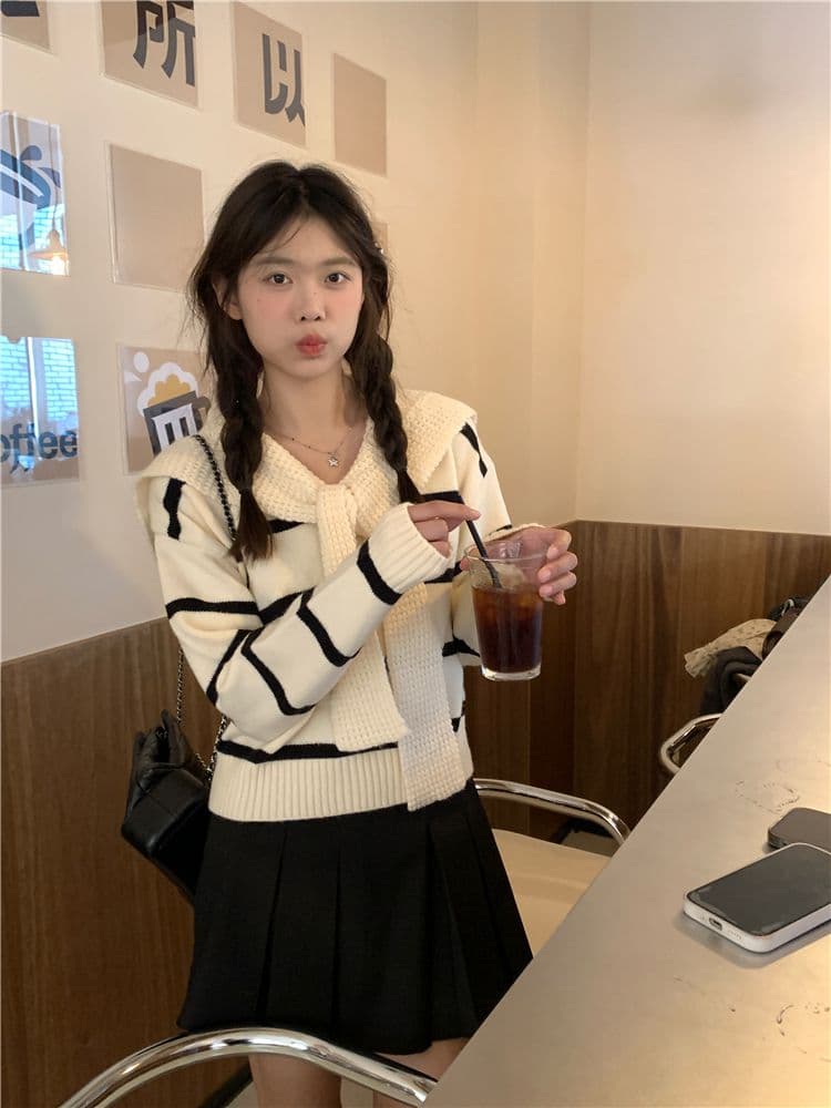 페이크 레이어드 스트라이프 한 부서 가을 겨울 새로운 외부 가져 가라. 니트 스웨터 스웨터 디자인 센스 연령 감소 학원 스타일 패션 숄 상세 이미지 9
