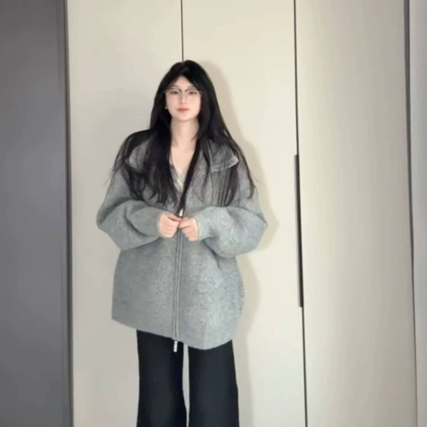 양 타조 울 레트로 회색 후드 니트 오픈 가디건 여성 코트 루즈핏 느긋한 분위기 센스 봄 가을 다용도 맨위 이미지 5