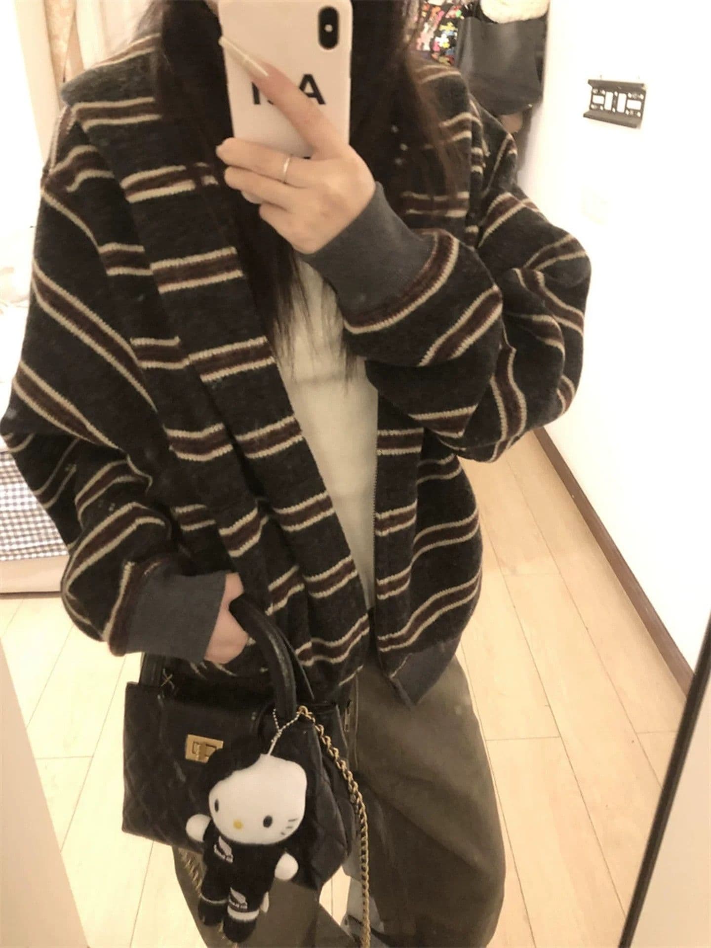 아메리칸 레트로 스트라이프 패치워크 색상 후드 지퍼 후드티 여성 봄 가을 루즈핏 오픈 가디건 모자 셔츠 느슨함 센스 캐주얼 재킷 상세 이미지 4