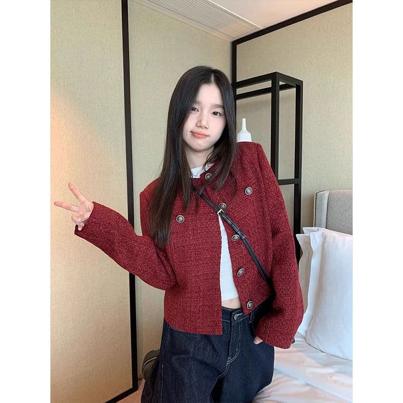 두꺼운 모방 원단 네리 벨트 어깨 패드 하나 블루 색상 레트로 고급 루즈핏 긴팔 쇼트 스타일 작은 샤넬 스타일 여성 코트 이미지 5