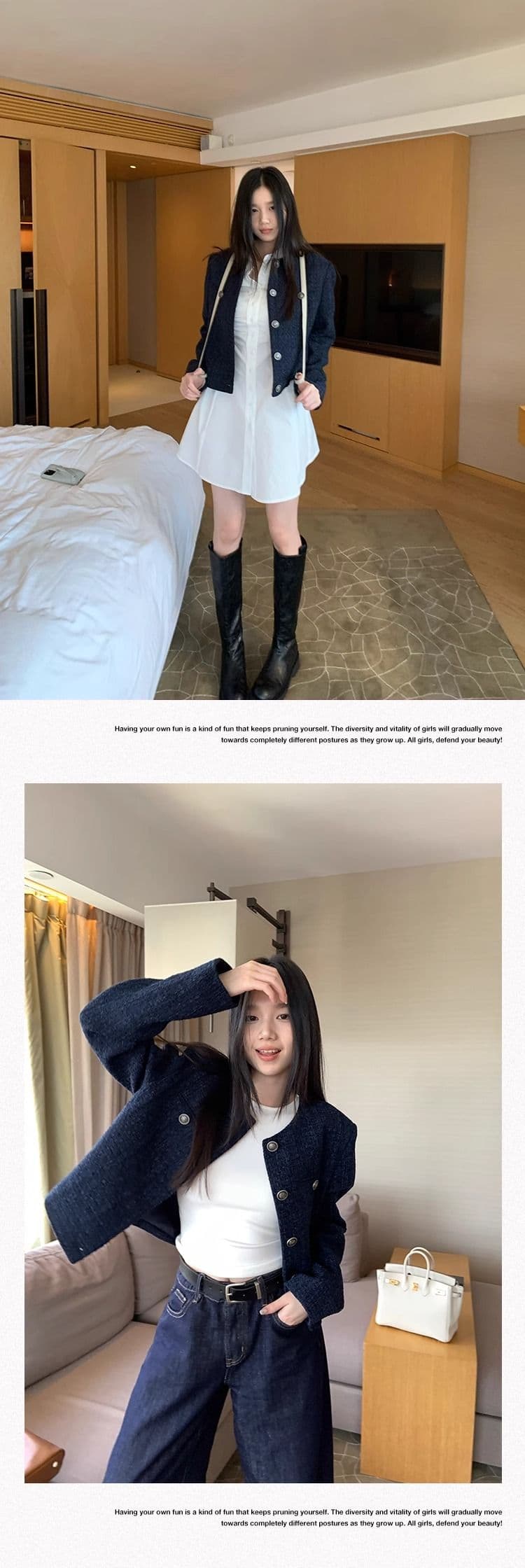 두꺼운 모방 원단 네리 벨트 어깨 패드 하나 블루 색상 레트로 고급 루즈핏 긴팔 쇼트 스타일 작은 샤넬 스타일 여성 코트 상세 이미지 24