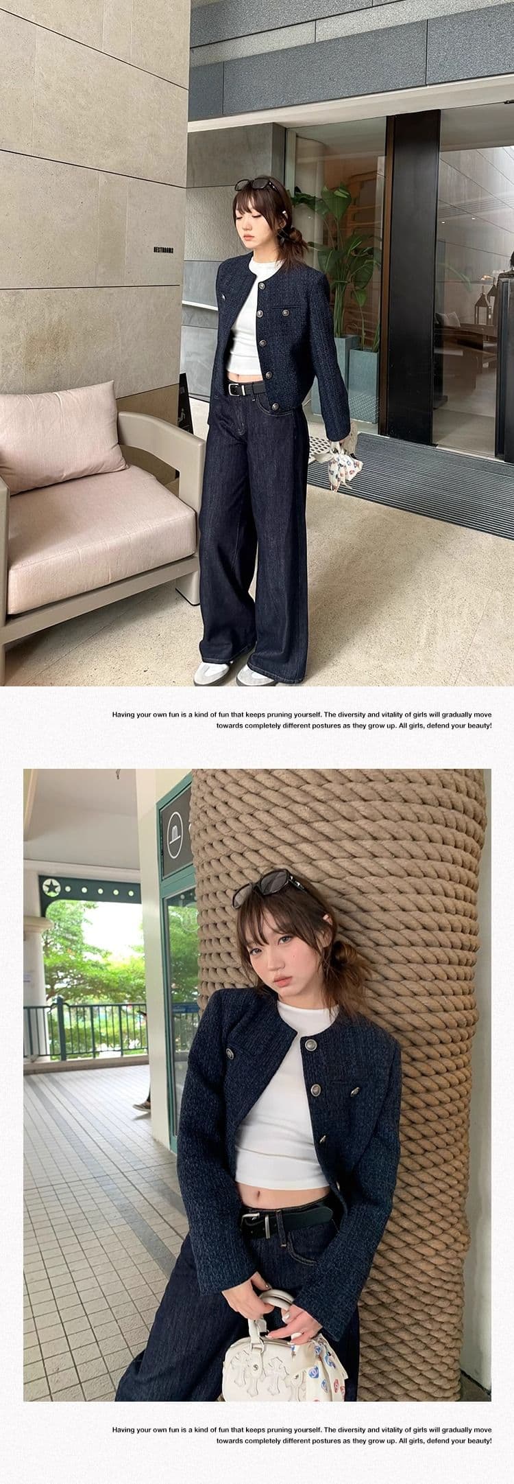 두꺼운 모방 원단 네리 벨트 어깨 패드 하나 블루 색상 레트로 고급 루즈핏 긴팔 쇼트 스타일 작은 샤넬 스타일 여성 코트 상세 이미지 26