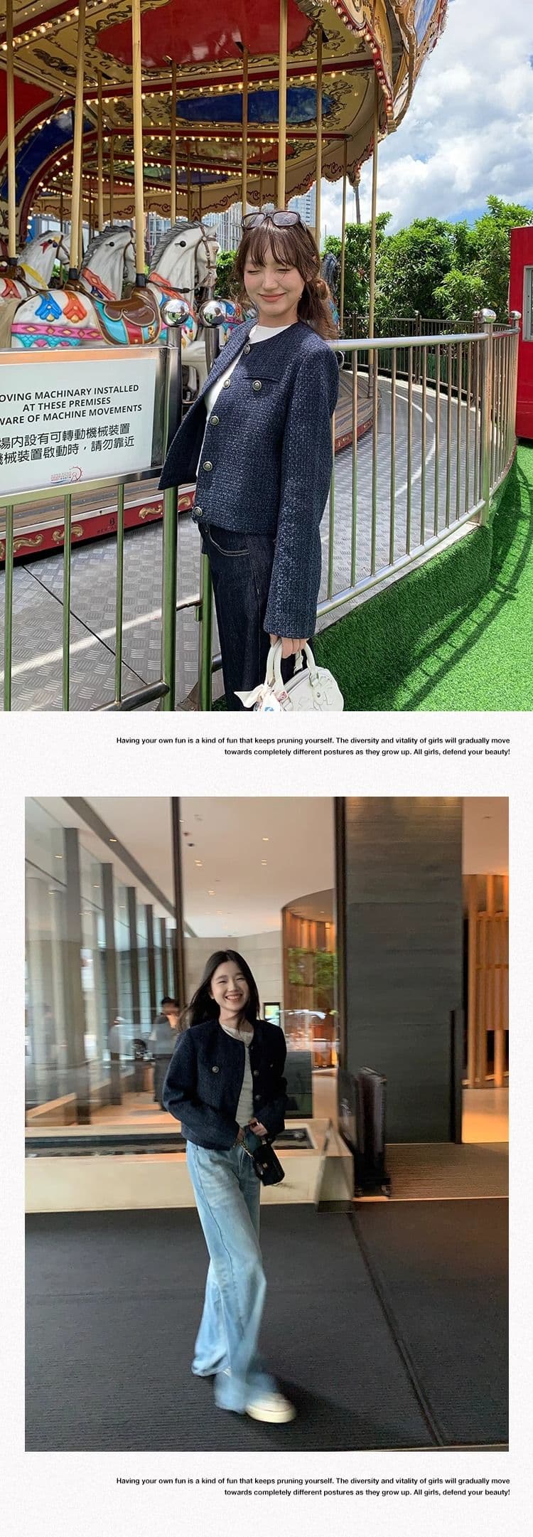 두꺼운 모방 원단 네리 벨트 어깨 패드 하나 블루 색상 레트로 고급 루즈핏 긴팔 쇼트 스타일 작은 샤넬 스타일 여성 코트 상세 이미지 29
