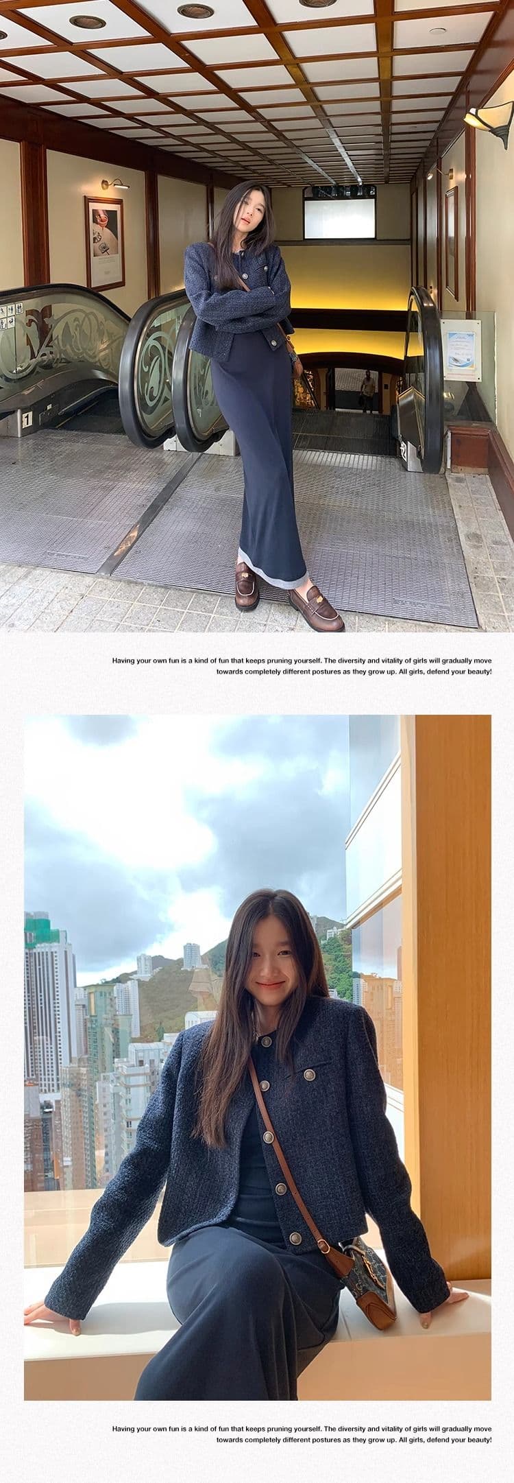 두꺼운 모방 원단 네리 벨트 어깨 패드 하나 블루 색상 레트로 고급 루즈핏 긴팔 쇼트 스타일 작은 샤넬 스타일 여성 코트 상세 이미지 30