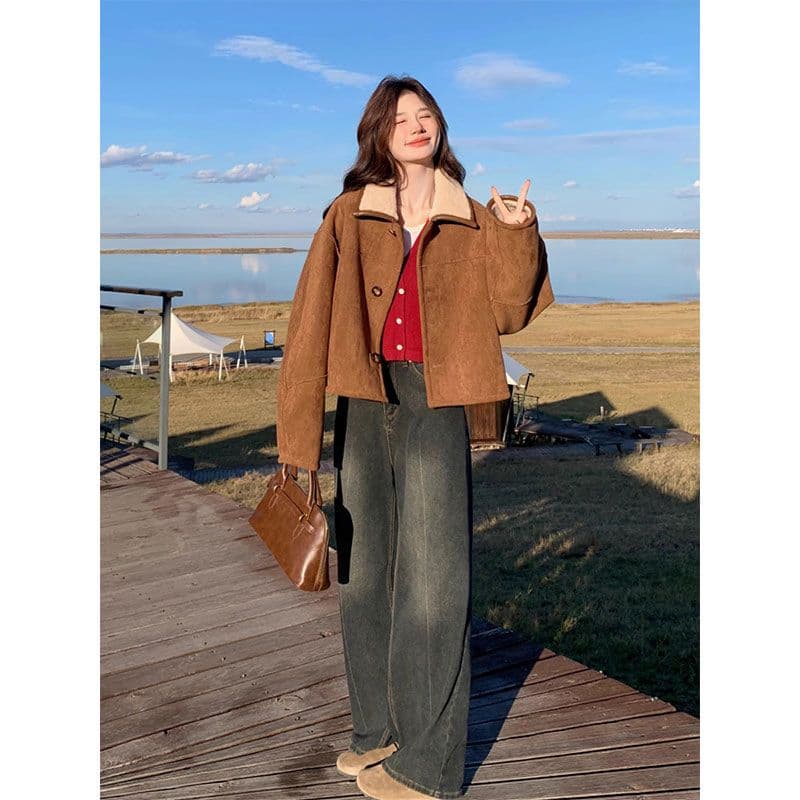두꺼운 470 그램 스웨이드 양털 플리스 복합 하나 피모 하나 수 있습니다. 양면 착용 양털 재킷 짧은 스웨이드 원단 이미지 3