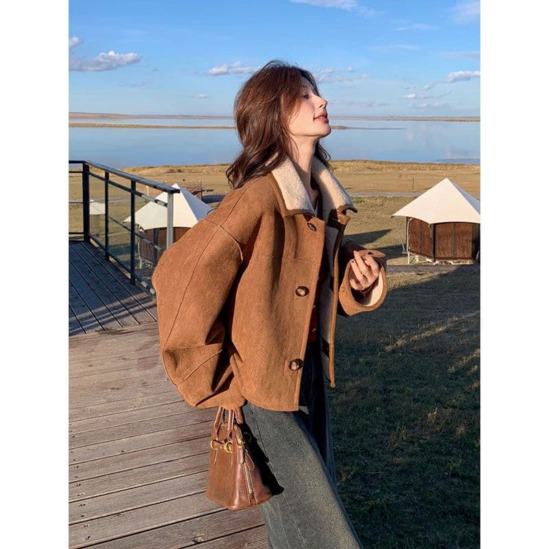 두꺼운 470 그램 스웨이드 양털 플리스 복합 하나 피모 하나 수 있습니다. 양면 착용 양털 재킷 짧은 스웨이드 원단 이미지 5